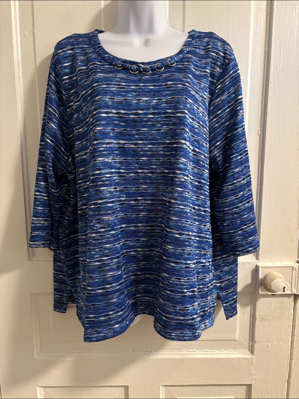 Alfred Dunner Blue Striped Knit Women's Top with Chain Detail Size 2X